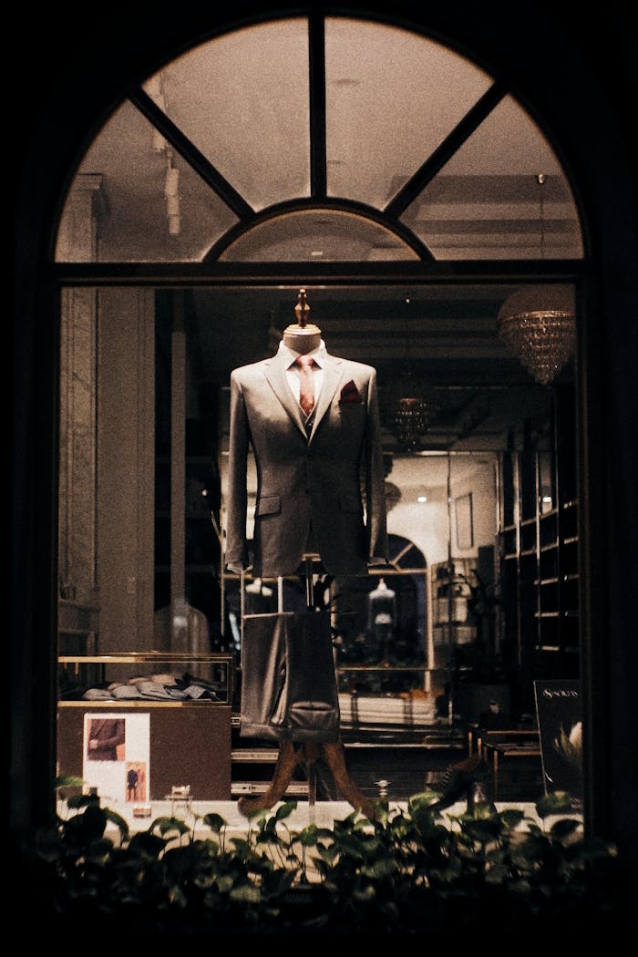 Stylish men's suit displayed in a boutique window. Elegant fashion under warm lighting.